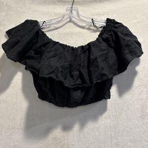 BANANA REPUBLIC Women's Off-Shoulder Meridian Linen Ruffle Crop Top Black Medium
